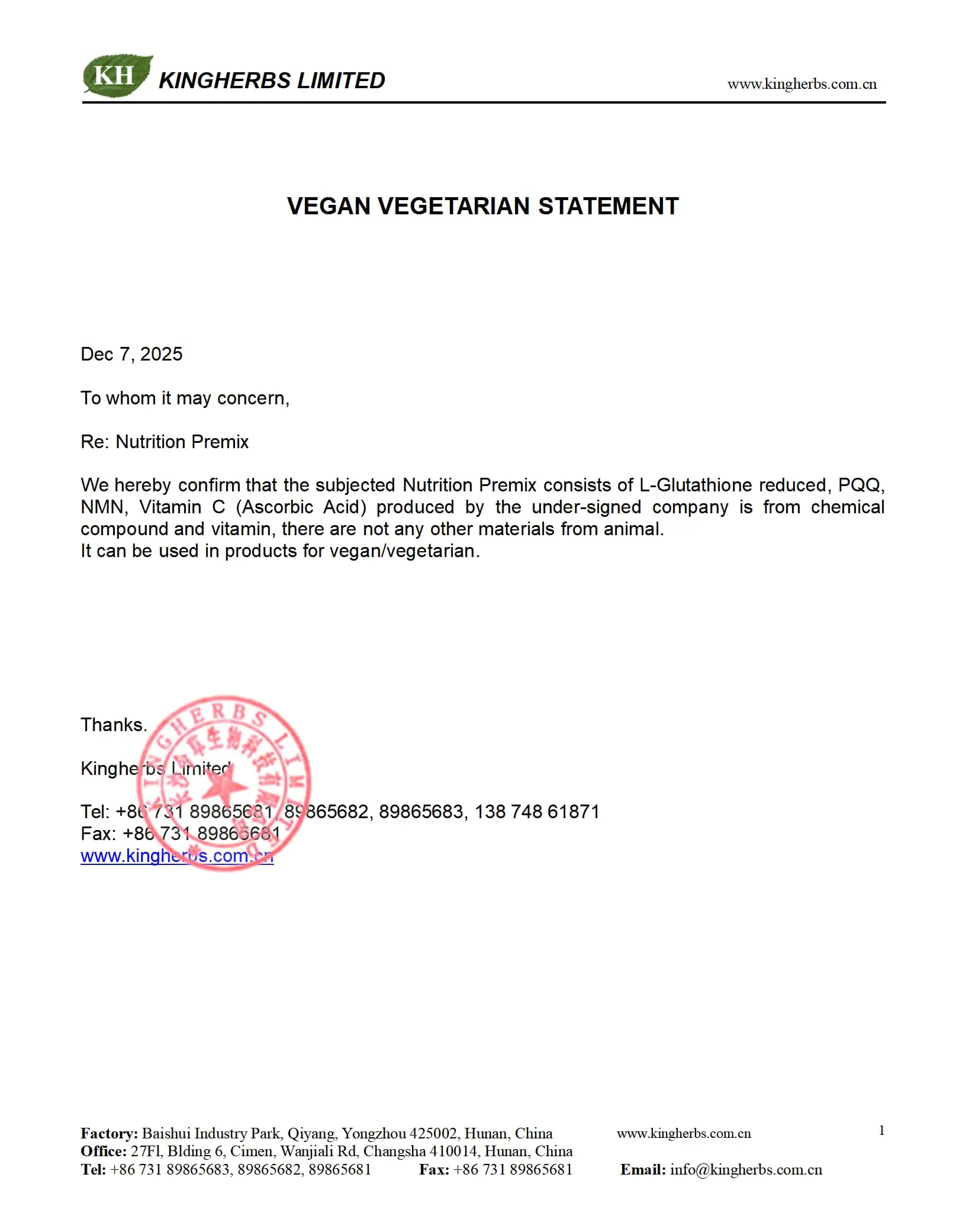 Regulatory Compliance Statement - ZAC Biotech Co., Ltd.